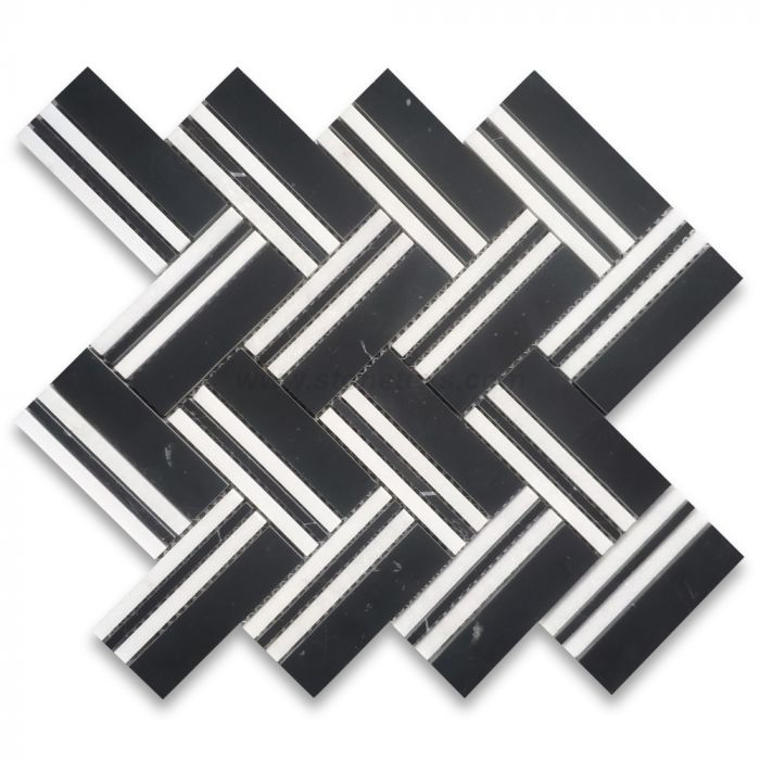 Thassos White y Nero Marquina Black Marble Herringbone Tile
